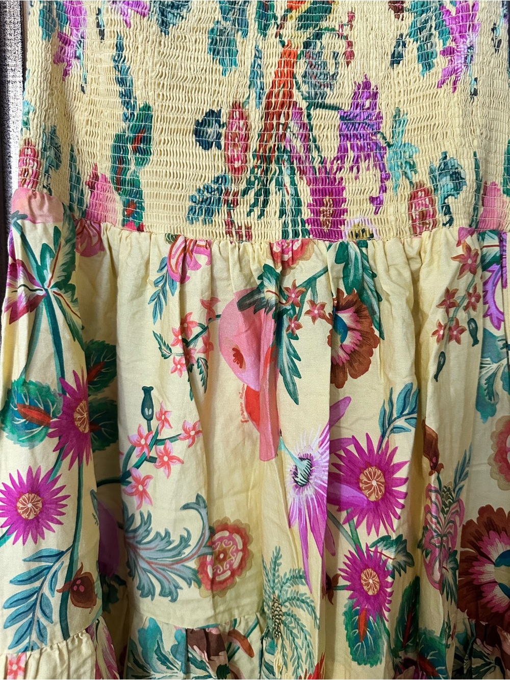 FARM Rio Yellow Tropical Floral & Fruit Tiered Maxi Dress with Pink Accents - Picture 9 of 9